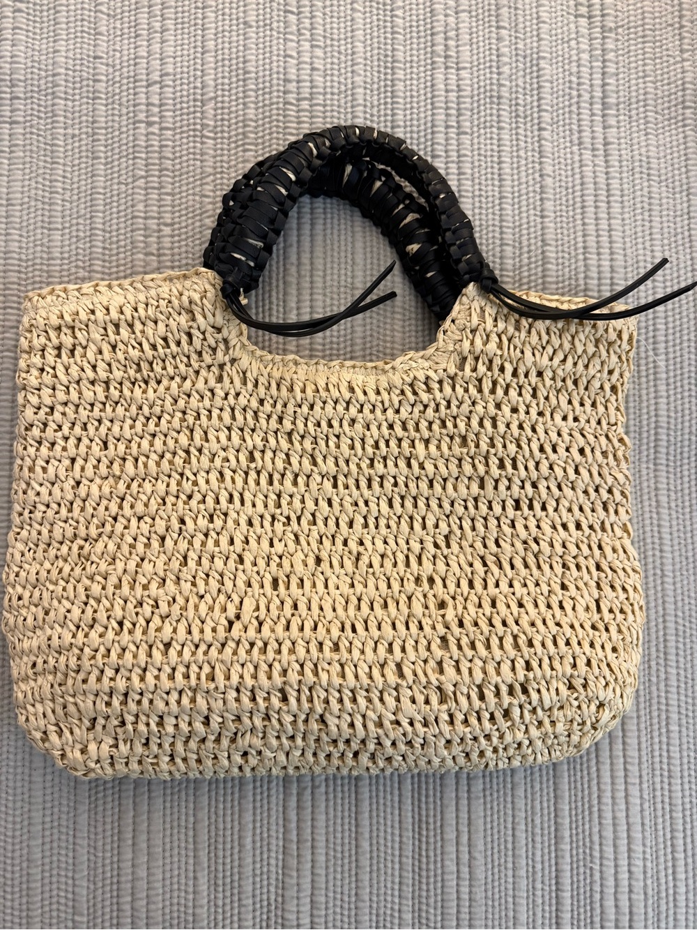 Handwoven Straw Tote with Black Wrapped Handles